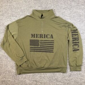 MERICA Womens 2XL American‎ Flag Army Green Long Sleeve 1/4 Zip Sweater